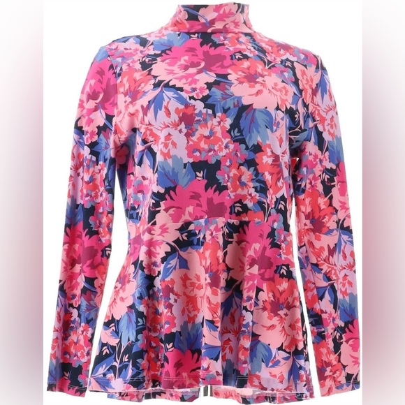 Isaac Mizrahi Live Peony Bouquet Print Mock Neck Peplum Top - Picture 11 of 11